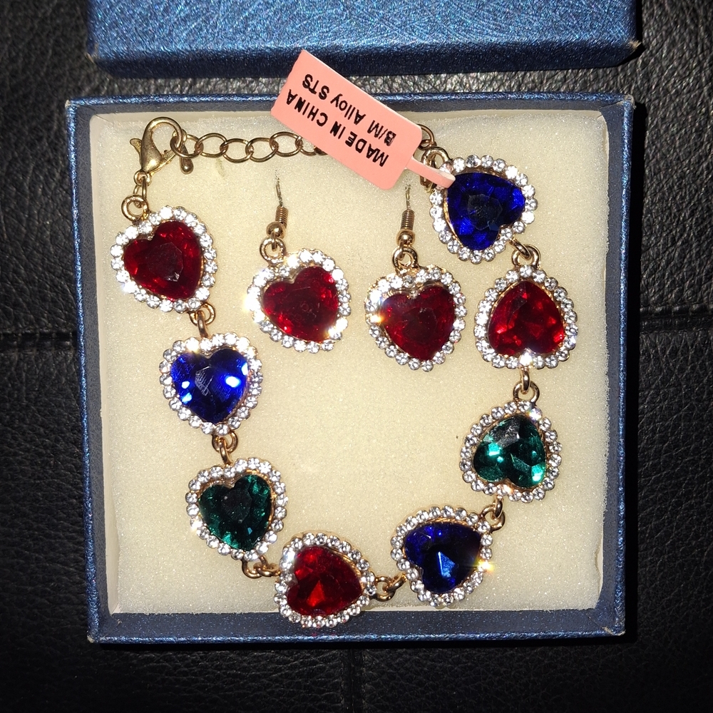 Heart Charm Jewelry Set with Red, Blue, and Green Accents